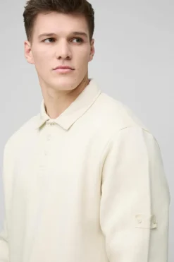 Online boohooMAN Tall Woven Tab Rugby Polo ecru