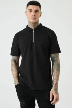 Flash Sale boohooMAN Tall 1/4 Zip Pique Polo black