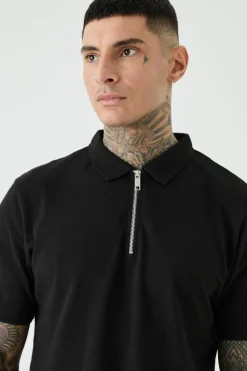 Flash Sale boohooMAN Tall 1/4 Zip Pique Polo black