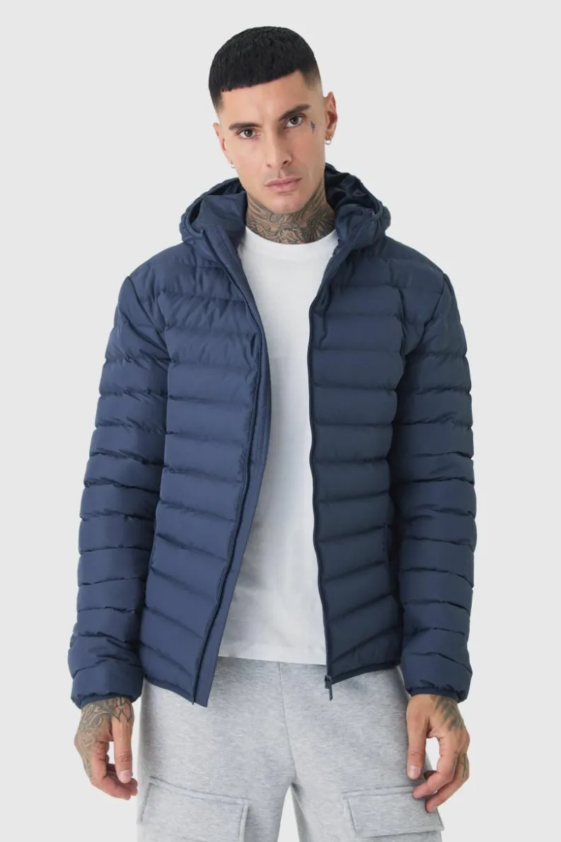 Outlet boohooMAN Tall Zip Through Hooded Puffer Jacket In navy