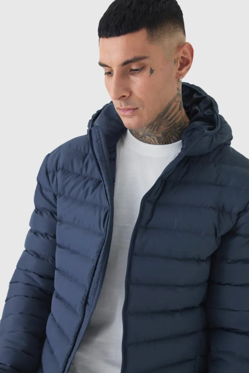 Outlet boohooMAN Tall Zip Through Hooded Puffer Jacket In navy