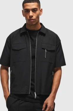 Best Sale boohooMAN Technical Stretch Oversized Boxy Zip Through Pocket Detail Shirt black