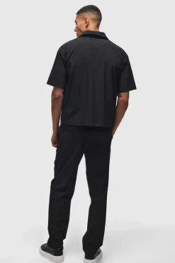 Best Sale boohooMAN Technical Stretch Oversized Boxy Zip Through Pocket Detail Shirt black