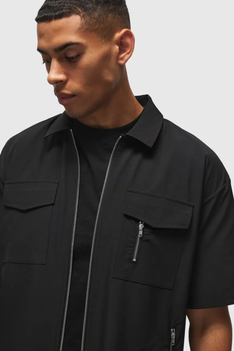 Best Sale boohooMAN Technical Stretch Oversized Boxy Zip Through Pocket Detail Shirt black