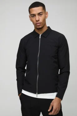 Best Sale boohooMAN Technical Stretch Zip Through Long Sleeve Shirt black