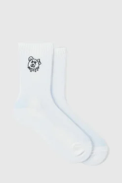 Discount boohooMAN Teddy Logo Embroidered Socks white