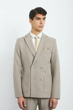 Sale boohoo Textured Double Breasted Elbow Patch Suit taupe