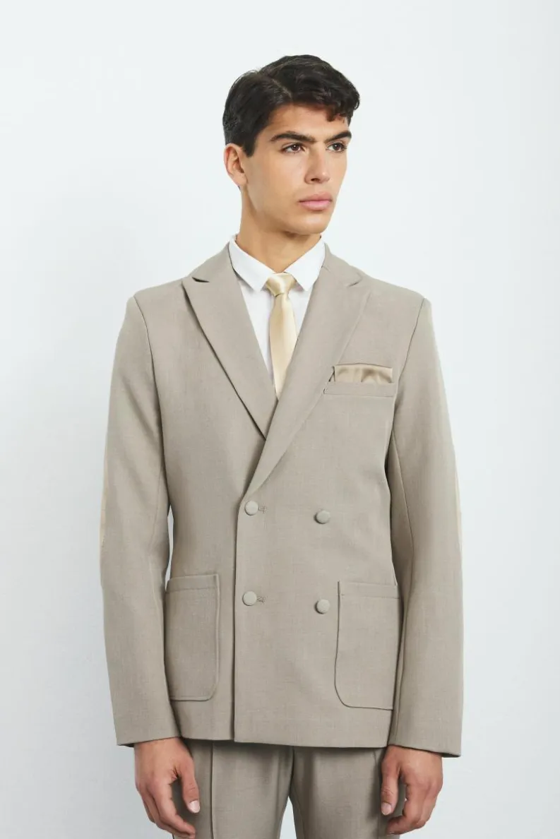 Sale boohoo Textured Double Breasted Elbow Patch Suit taupe