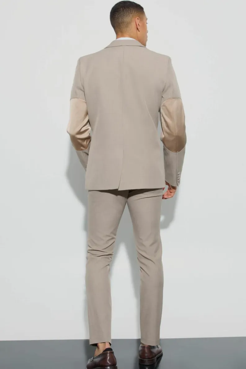 Sale boohoo Textured Double Breasted Elbow Patch Suit taupe
