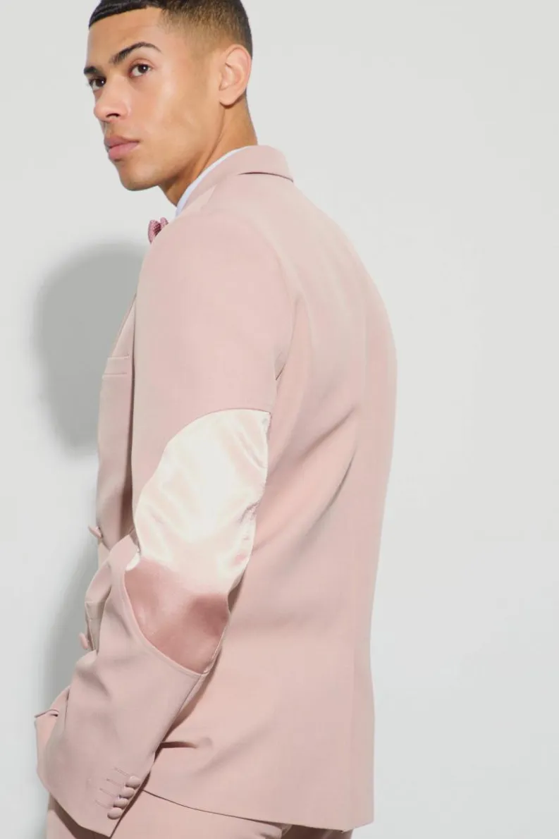 Cheap boohoo Textured Double Breasted Elbow Patch Suit pink