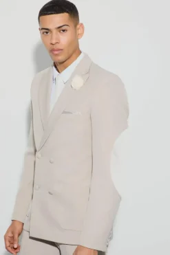 Store boohooMAN Textured Double Breasted Elbow Patch Blazer stone