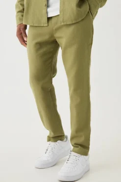 Cheap boohooMAN Textured Elasticated Waist Straight Fit Trousers khaki