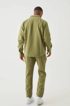 Cheap boohooMAN Textured Elasticated Waist Straight Fit Trousers khaki