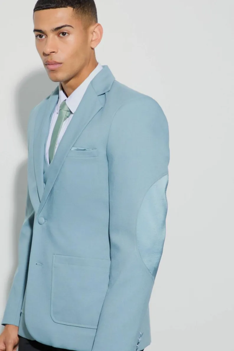 Store boohoo Textured Elbow Patch Slim Fit Blazer & Waistcoat teal