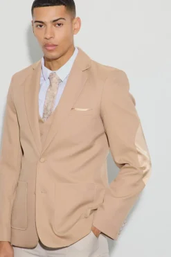 Store boohooMAN Textured Elbow Patch Slim Fit Blazer tan