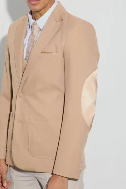 Store boohooMAN Textured Elbow Patch Slim Fit Blazer tan