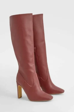 Outlet boohoo Textured High Heel Pointed Knee High Boots cherry