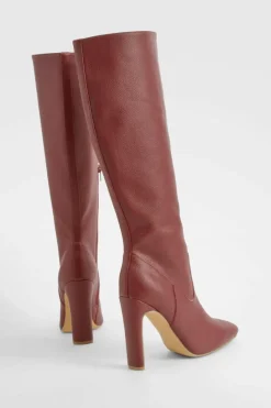 Outlet boohoo Textured High Heel Pointed Knee High Boots cherry