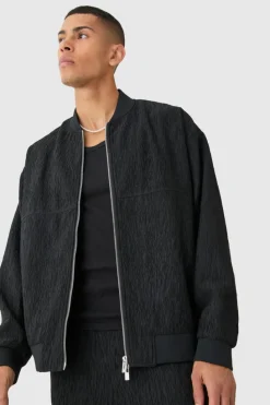 Shop boohooMAN Textured Satin Oversized Bomber Jacket black