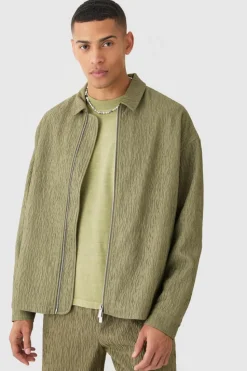 New boohooMAN Textured Satin Oversized Fit Zip Up Harrington Jacket khaki