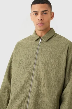 New boohooMAN Textured Satin Oversized Fit Zip Up Harrington Jacket khaki
