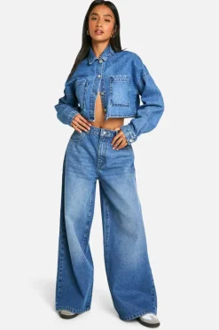 Store boohoo The Petite High Rise Wide Leg Jean blue