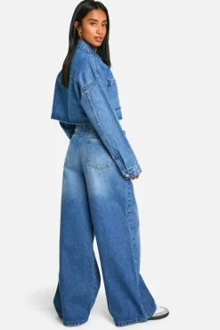 Store boohoo The Petite High Rise Wide Leg Jean blue
