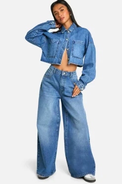 Store boohoo The Petite High Rise Wide Leg Jean blue