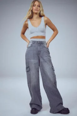 Online boohoo The Wide Leg Cargo Jean mid grey