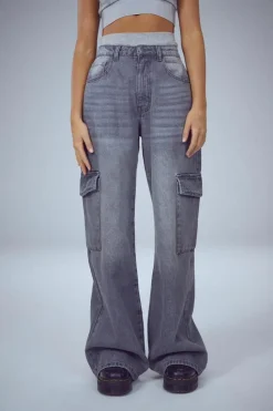 Online boohoo The Wide Leg Cargo Jean mid grey