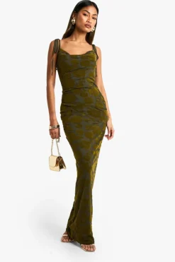 Flash Sale boohoo Tie Detail Devore Cowl Maxi Dress khaki