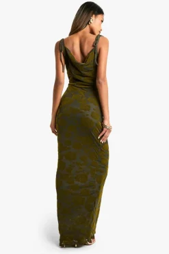 Flash Sale boohoo Tie Detail Devore Cowl Maxi Dress khaki