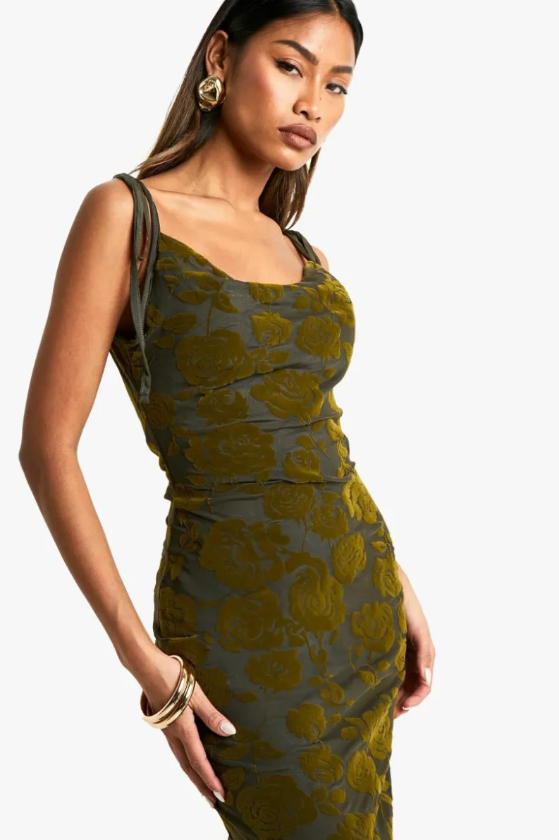 Flash Sale boohoo Tie Detail Devore Cowl Maxi Dress khaki