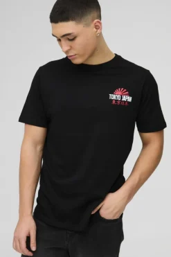Outlet boohooMAN Tokyo Japan Waves T-Shirt black