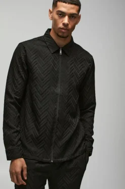 Flash Sale boohooMAN Tonal Geo Smart Zip Overshirt black