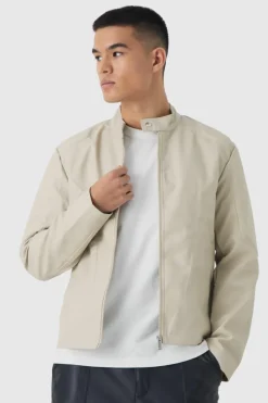 New boohooMAN Tonal Panelled Moto Jacket In stone