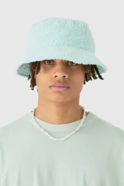 Sale boohooMAN Towelling Bucket Hat In light blue
