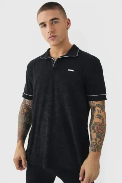 Fashion boohooMAN Towelling Polo With Piping & Metal Tab black