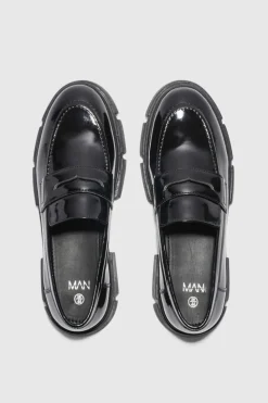 Shop boohooMAN Track Sole Loafer black