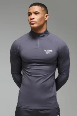Discount boohooMAN Training Dept Muscle Fit Perforated 1/4 Zip charcoal
