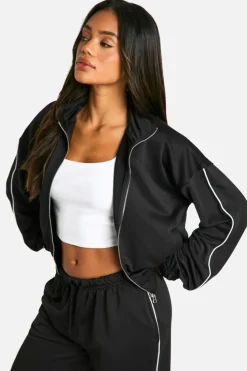 Store boohoo Tricot Piping Detail Zip Through Track Jacket black