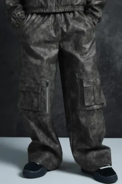 Clearance boohooMAN Trippie Redd Relaxed Faux Leather Elastic Waist Cargo Trouser grey