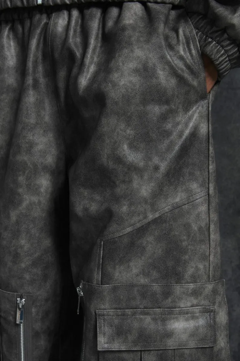 Clearance boohooMAN Trippie Redd Relaxed Faux Leather Elastic Waist Cargo Trouser grey