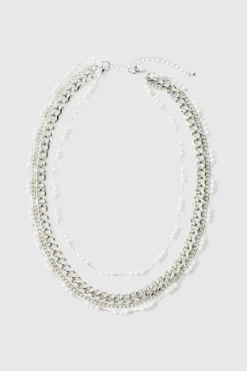 Discount boohooMAN Tripple Layer Pearl Chunky Chain silver