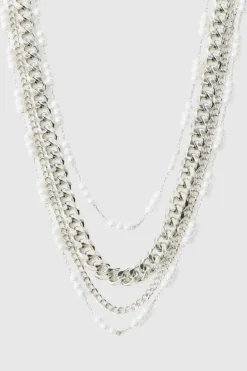 Discount boohooMAN Tripple Layer Pearl Chunky Chain silver