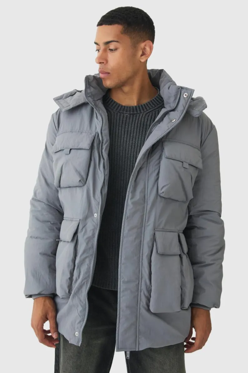 Clearance boohooMAN Utility Pocket Hooded Parka In grey