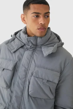 Clearance boohooMAN Utility Pocket Hooded Parka In grey
