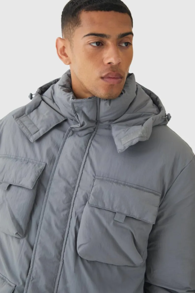 Clearance boohooMAN Utility Pocket Hooded Parka In grey