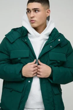 Store boohooMAN Utility Pocket Hooded Parka In green
