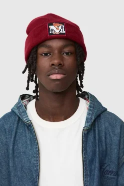 New boohooMAN Varsity Bear Graphic Beanie red